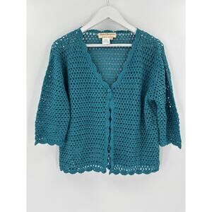 Norm Thompson Cardigan Sweater Womens XL Blue Crochet Linen V Neck Half Sleeves